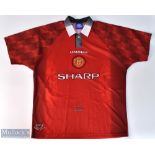 1996/98 Manchester United home football shirt in red, Umbro / Sharp, size XL, short sleeve