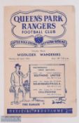 1953/54 Queens Park Rangers v Middlesex Wanderers friendly match programme 5 April 1954; 4 pager,