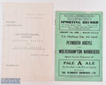 1949/50 Plymouth Argyle v Wolverhampton Wanderers FAC 3rd round programme 7th January 1950; 1964/