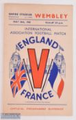 1945 VE international programme England v France at Wembley 26 May 1945, 4 pager; team changes,