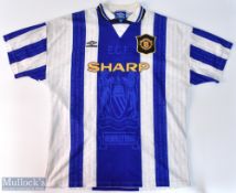 1994/96 Manchester United third football shirt in blue and white, Umbro/Sharp, size XL, short