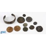Antique Roman Byzantine Copper Coins, a heavy bronze bangle and 2 modern, one doubloon 1751
