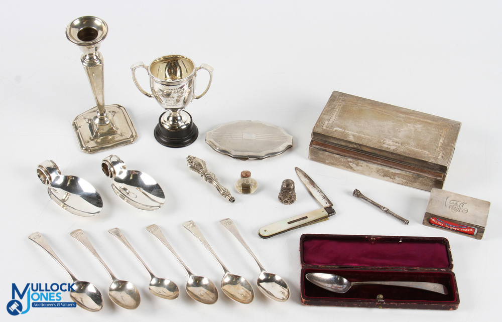 Mixed Selection of Hallmarked Silver Items including candle stick, cigarette box, mirrored compact