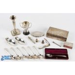 Mixed Selection of Hallmarked Silver Items including candle stick, cigarette box, mirrored compact