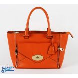 Mulberry ladies zip top handbag in orange leather with zip front clutch bag section, internal zipped