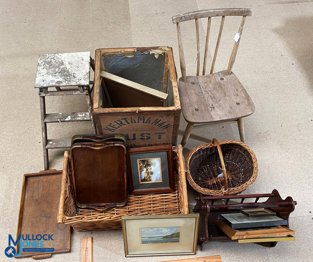 A collection of Wooden Brass Corners Trays, Ercol chair, wicket shopping basket, log storage basket,