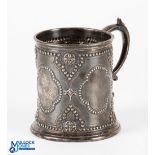 Victorian Hallmarked Silver Gothic Design Christening Mug with engraved family crest to front,