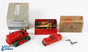 1930s Schuco Telestearing 3000 wind up Tin Car, key and steering wheel, key, a selection of cones