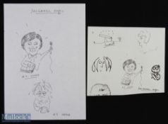 Entertainment - Michael Aspel Original Self Portrait Sketch with two sketches 'At work and At home',