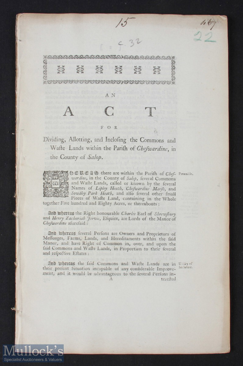 Cheswardine - Shropshire 1796: Original private Act of Parliament for Dividing, Allotting and