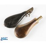 2x Period Hunting Shooting Powder Flask, a copper flask with brass fittings example, plus a