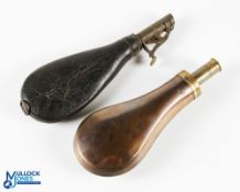 2x Period Hunting Shooting Powder Flask, a copper flask with brass fittings example, plus a