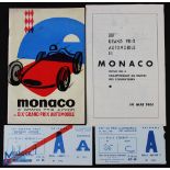 1961 Monaco Grand Prix Programme, Supplement and Tickets - date 13-14 May includes a fold out single