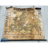 The Cunard Steam Ship Company Mediterranean Service Linen Backed Map, Roller Poster Display sign,