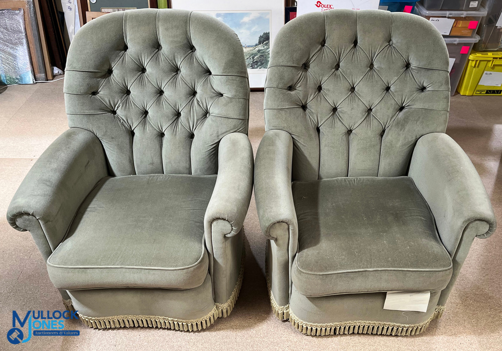 Pair of Greensmiths Victoria Minor Upholstered Armchairs, button backed in Chesterfield style, green