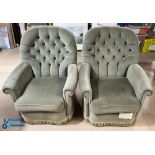 Pair of Greensmiths Victoria Minor Upholstered Armchairs, button backed in Chesterfield style, green