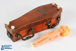 Unusual Barbie / Sindy doll sized homemade wooden Coffin, with brass handle (missing one dropper)