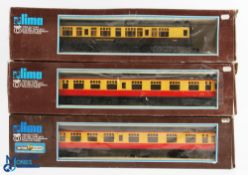 Lima O Gauge Boxed Passenger Coaches (3) - one in Great Western chocolate and cream with 2x in BR