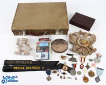 Mixed case of Collectables to include Badges, Medallions, Hallmarked Silver Bracelet charms, vials