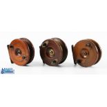 3x Wooden and Brass Reels - 4.5" fishtailed starback with brass flange and rear check on/off, with