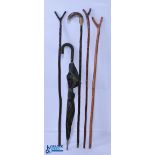 Fishing Wading Sticks and Umbrella, 4x wooden wading stick - one has a resin fish/trout handle,