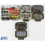 A collection of fly boxes, comprising: 3x Stillwater clam shell 4.5" x 3.5" waterproof boxes with