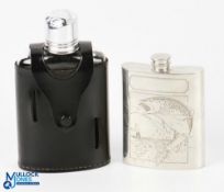 2x Fishing / Hunting Hip Flasks - a pewter flash with a fishing scene, plus a leather clad flask (