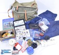 Period Fly Fishing canvas and leather Tackle Bag, and fly-tying contents of fly cases, line,