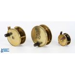 A collection of solid brass reels, all with horn handles and constant check, all run smoothly,