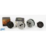 J W Young Pridex 3.5" fly reel with maker's card box, together with Youngs Condex 3.25" alloy fly