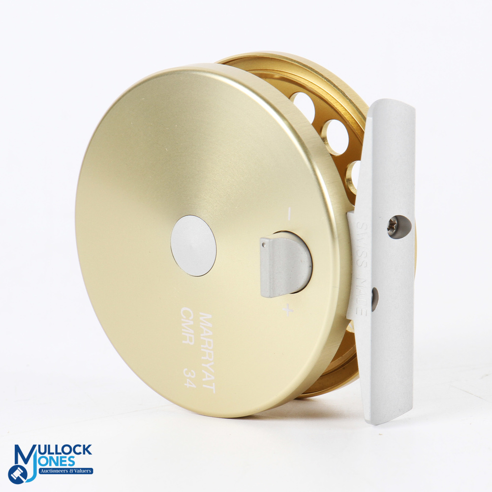 A fine Marryat Swiss made 2 5/8" fly reel with gold finish, button latch, rear tensioner, RHW, in - Image 2 of 2
