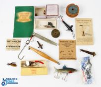 Period Fishing Accessories and Lures, with noted items of a leather Munroe lure, Abu lure, Horton