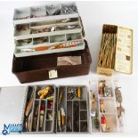 A collection of artificial baits, to include: cantilever box with 3 shelves (broken) with Abu,