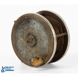 R Ramsbottom Market Street, Manchester brass and ebonite salmon fly reel 3.5" wide spool with horn