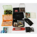 A collection of fly boxes: Hardy plastic box with 8 slots, quantity flies; zip case with quantity