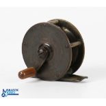 Hardy 2" brass crank wind trout fly winch c1890, domed horn handle on waisted crank winding arm with