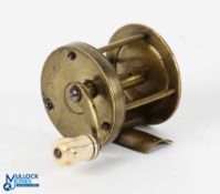 Early unnamed brass multiplier winch with curved crank arm with white handle, 1.75" spool 1.5" wide,