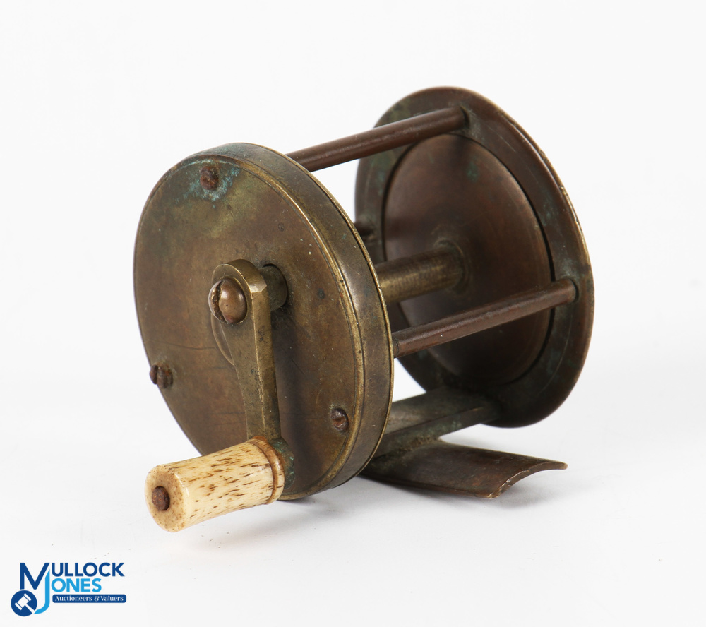 Early unnamed multiplier winch with curved crank arm and bone handle, 2" spool, 1 7/8in wide, with 3