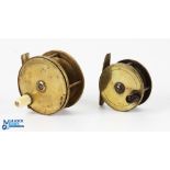 2x C Farlow & Co 191 Strand London all brass fly reels a 2.5" platewind reel with fish logo to