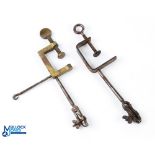 2x Early Metal Fly Tying Vices, with table clamps and vice - one has a material hook 17cm tall