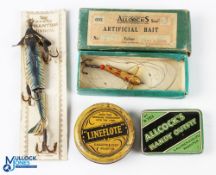 Allcock's Lures Artificial Baits, a carded Phantom Minow, a boxed artificial bait, empty Allcock's