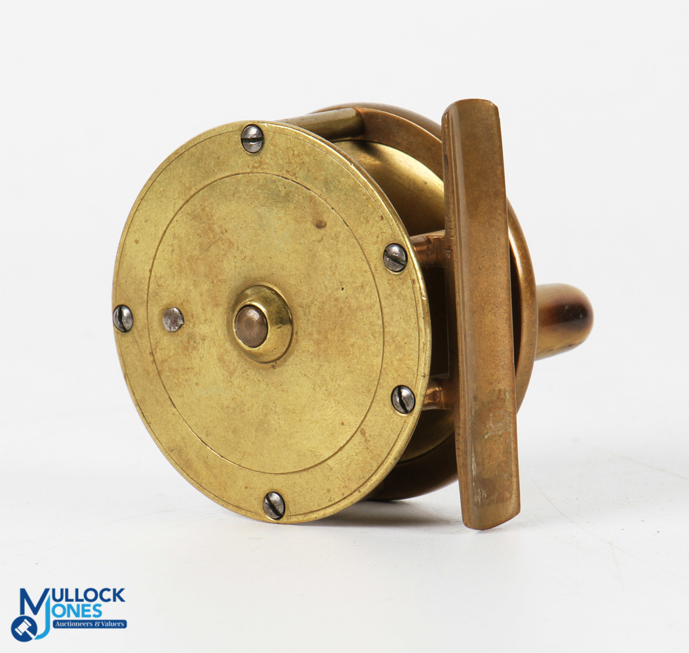 Hardy 2 3/8" brass Birmingham plate wind trout reel c1895, tapered horn handle, smooth bridge - Image 2 of 2