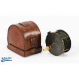 C Farlow & Co 4" all brass fly reel and leather D block reel case (missing strap) fish logo