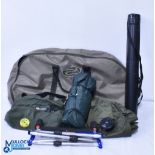 Mixed lot of Fishing Accessories, to include rod poles, poles, rod rollers, Keenets rockin roller,