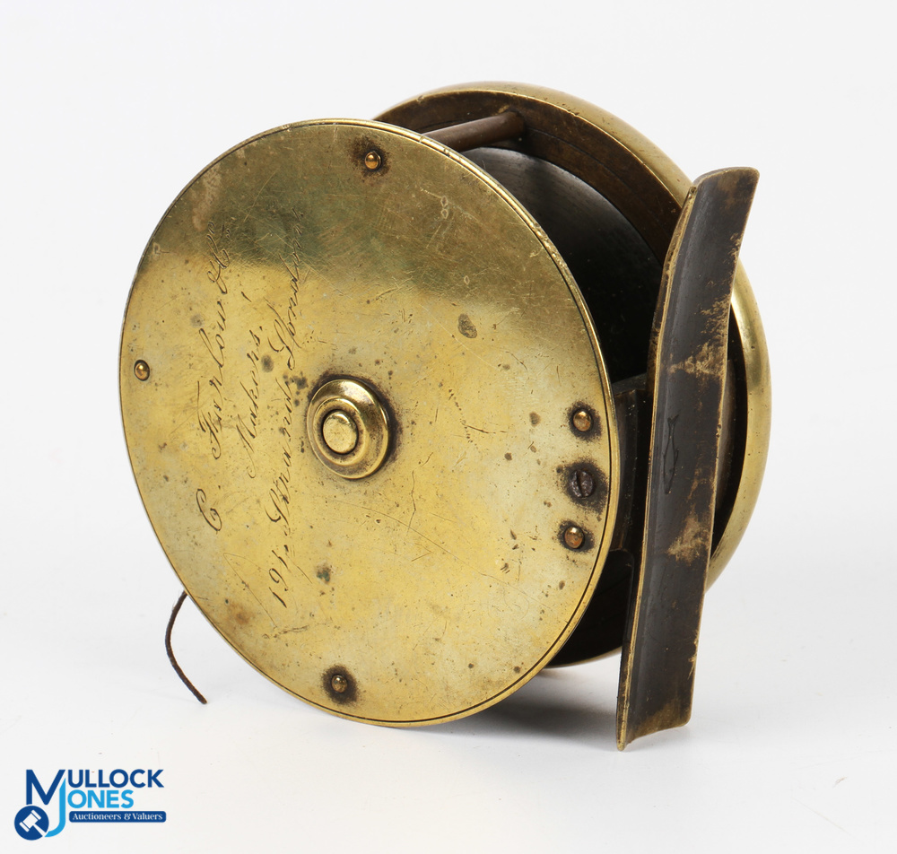 C Farlow & Co Maker, 191 The Strand, London 3.5" brass fly reel, domed horn handle (with split), - Image 2 of 2