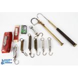 A collection of spring balance scales and gaffs: 4x Little Sampson; 3x Salter; 1x Fishermans