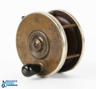 A fine Mallochs Patent Sun & Planet brass and ebonite centre pin salmon reel, 4" wide spool with