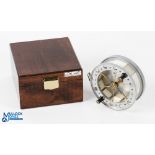 Fred Crouch Platinum Trotter centre pin alloy reel 4.25" wide caged 6 spoke spool with twin handles,