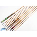 Unnamed split cane fly rod 9ft 3pc alloy down locking reel set and collar, looks tidy, cloth bag; an