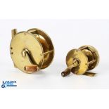 Unnamed winch brass fly reel 2.5" spool, crank arm with horn handle, constant check, block reel